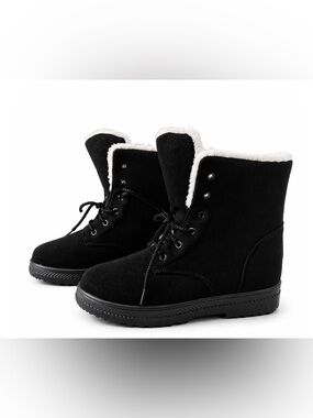 Women's Black Lace-Up Faux Suede Boots with Sherpa Lining